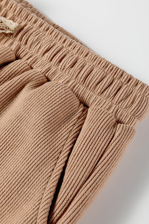 Solid Corduroy Drawstring Pullover Hoodie And High Waist Pant Set