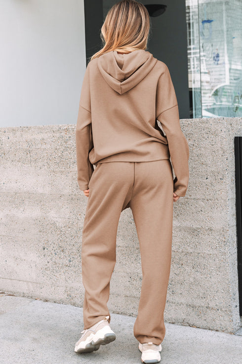 Solid Corduroy Drawstring Pullover Hoodie And High Waist Pant Set