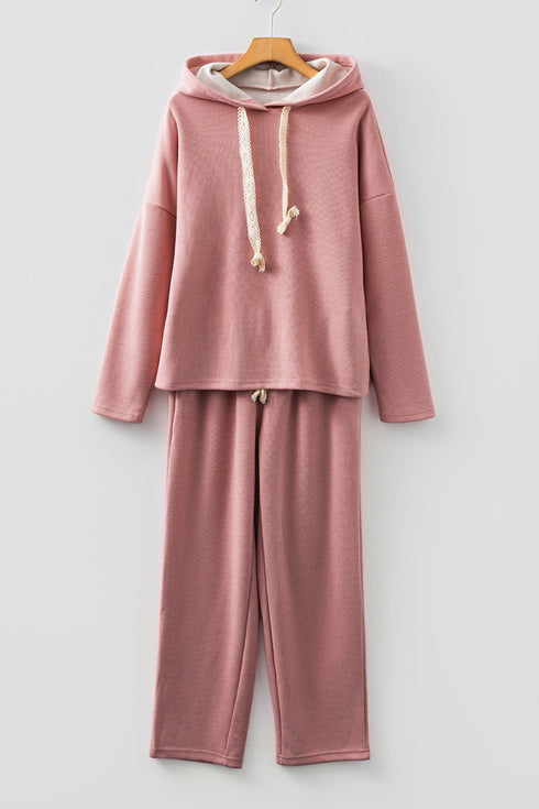Solid Corduroy Drawstring Pullover Hoodie And High Waist Pant Set