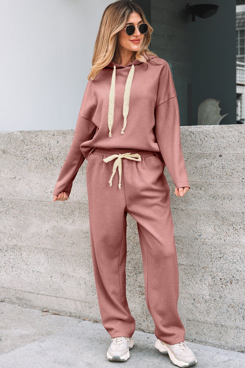 Solid Corduroy Drawstring Pullover Hoodie And High Waist Pant Set