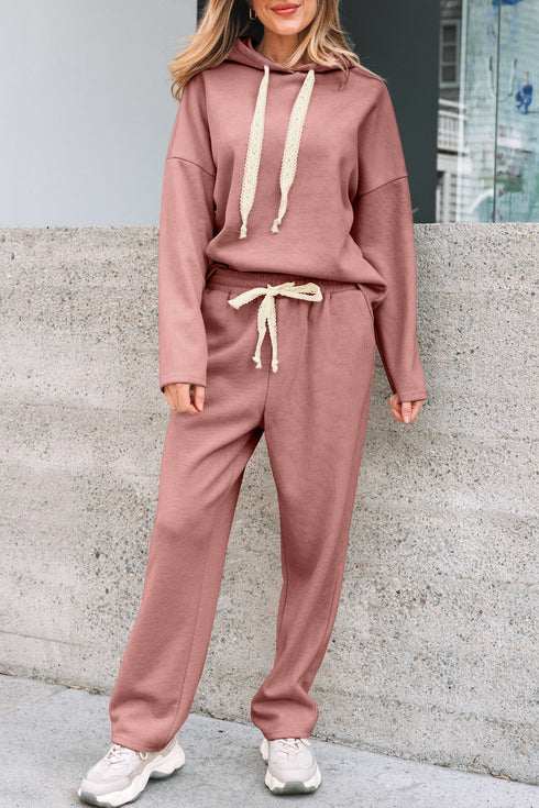 Solid Corduroy Drawstring Pullover Hoodie And High Waist Pant Set