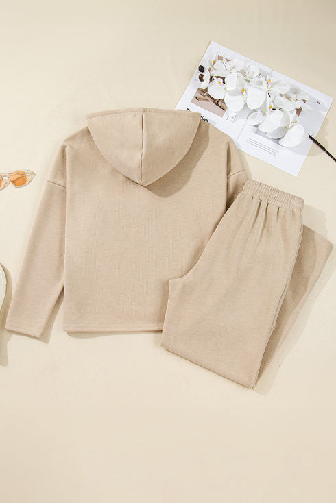 Solid Corduroy Drawstring Pullover Hoodie And High Waist Pant Set