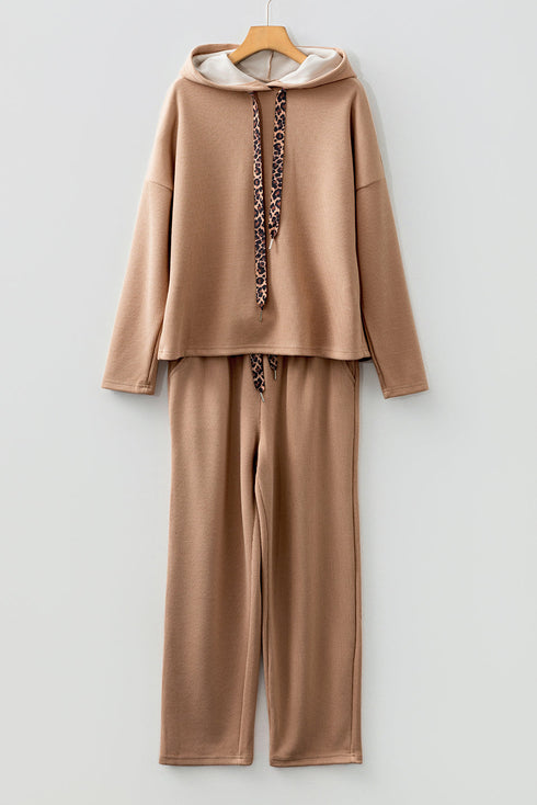 Solid Corduroy Drawstring Pullover Hoodie And High Waist Pant Set