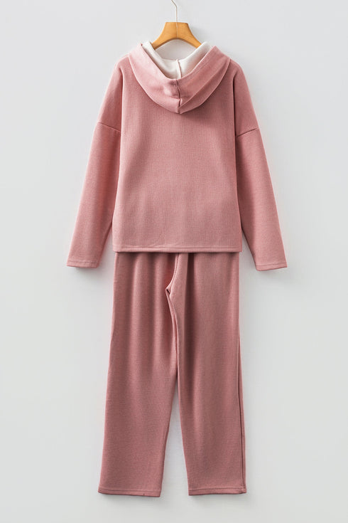 Solid Corduroy Drawstring Pullover Hoodie And High Waist Pant Set