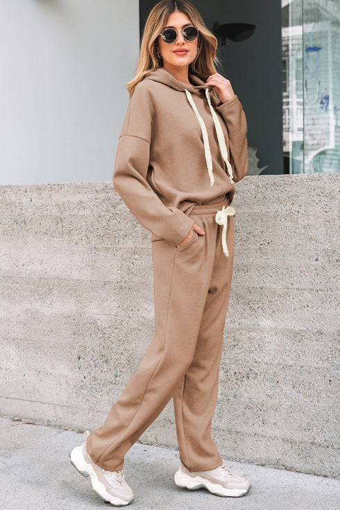Solid Corduroy Drawstring Pullover Hoodie And High Waist Pant Set