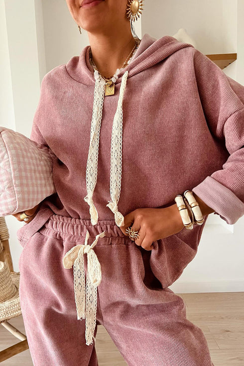 Solid Corduroy Drawstring Pullover Hoodie And High Waist Pant Set