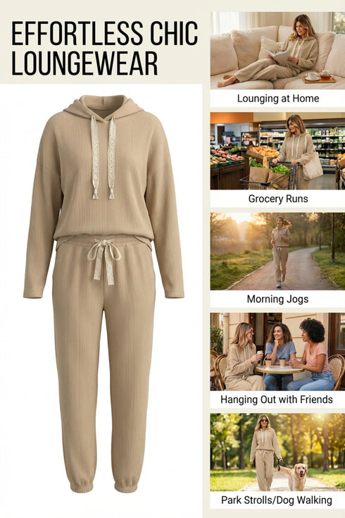 Solid Corduroy Drawstring Pullover Hoodie And High Waist Pant Set