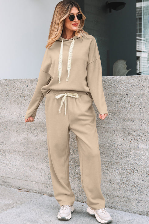 Solid Corduroy Drawstring Pullover Hoodie And High Waist Pant Set