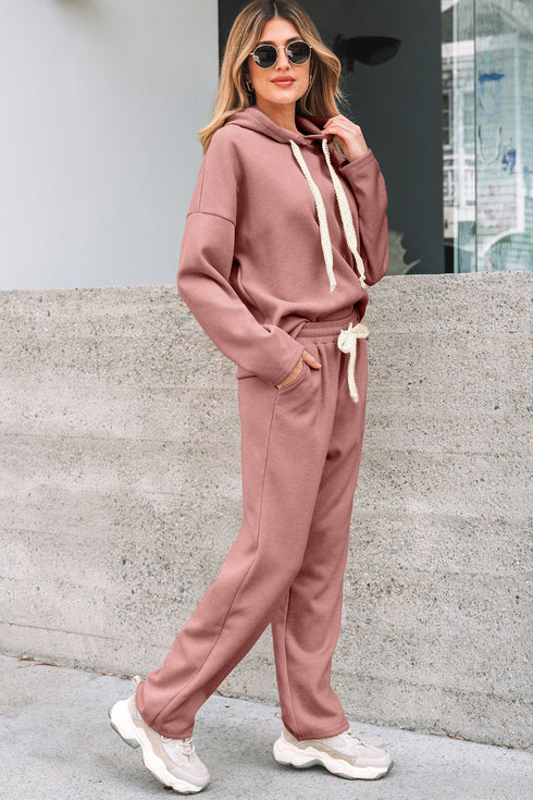 Solid Corduroy Drawstring Pullover Hoodie And High Waist Pant Set