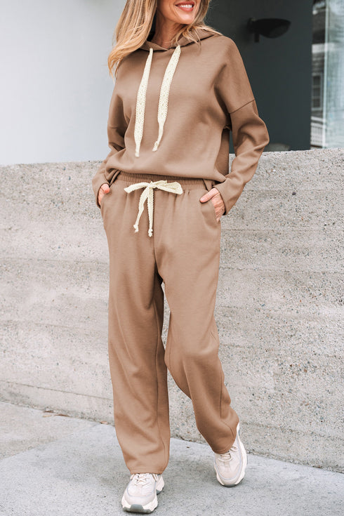 Solid Corduroy Drawstring Pullover Hoodie And High Waist Pant Set