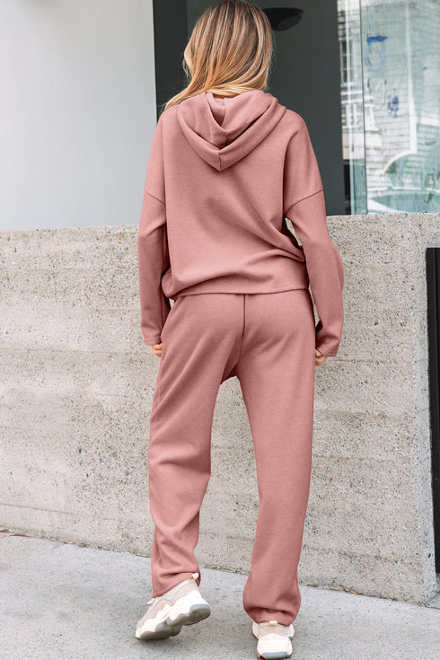Solid Corduroy Drawstring Pullover Hoodie And High Waist Pant Set