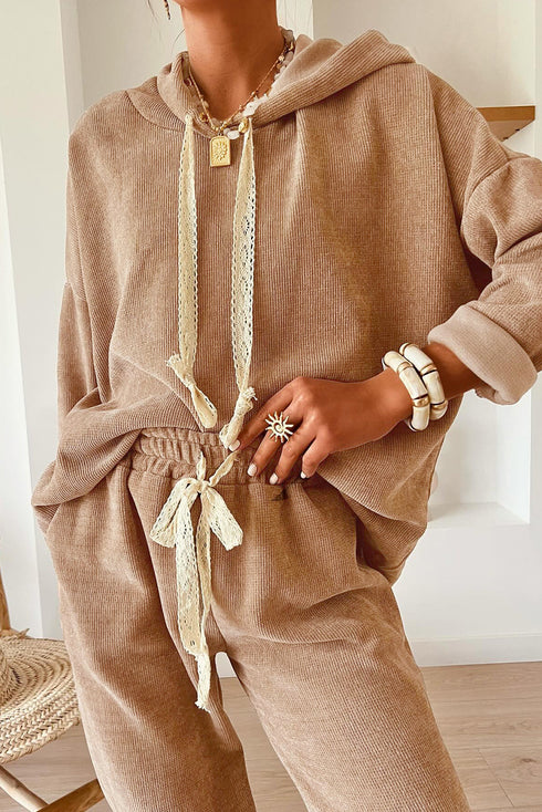 Solid Corduroy Drawstring Pullover Hoodie And High Waist Pant Set
