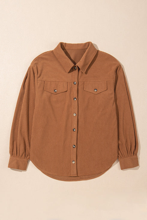Solid Corduroy Flap Pocket Button Up Round Hem Jacket