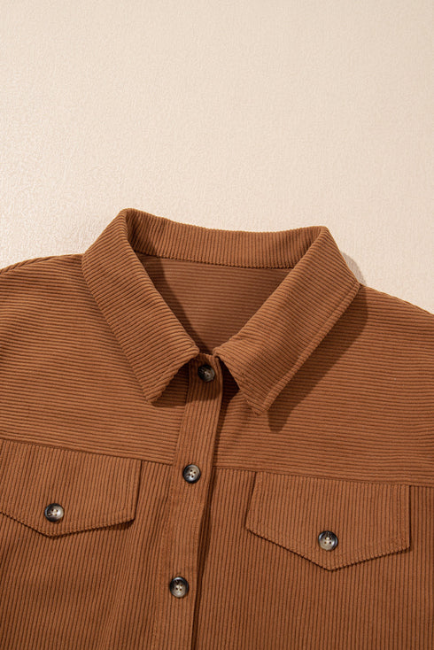Solid Corduroy Flap Pocket Button Up Round Hem Jacket