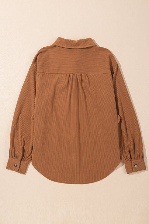 Solid Corduroy Flap Pocket Button Up Round Hem Jacket