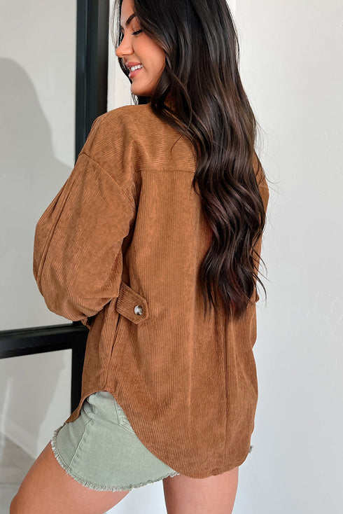 Solid Corduroy Flap Pocket Button Up Round Hem Jacket