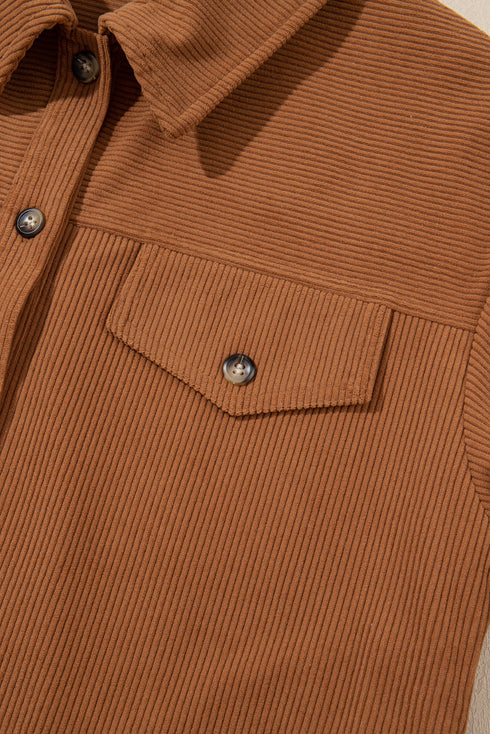 Solid Corduroy Flap Pocket Button Up Round Hem Jacket