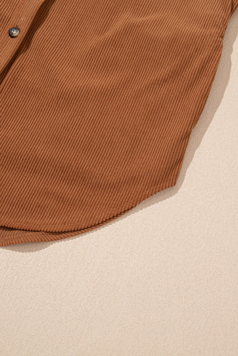 Solid Corduroy Flap Pocket Button Up Round Hem Jacket