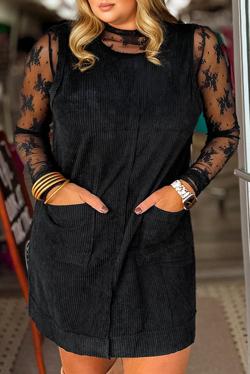 Solid Corduroy Patch Pocket Sleeveless Plus Size Mini Dress