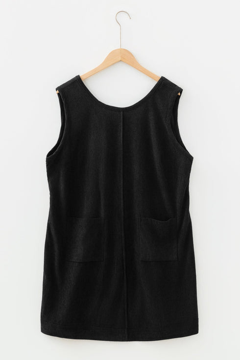 Solid Corduroy Patch Pocket Sleeveless Plus Size Mini Dress