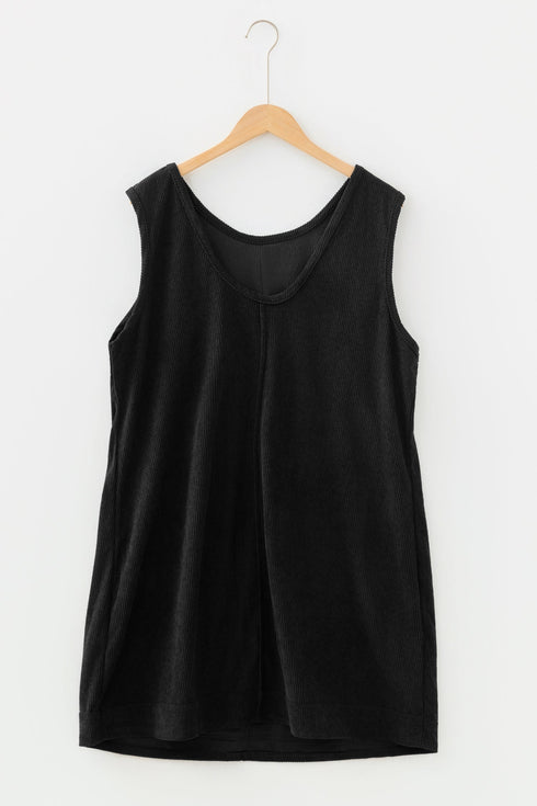 Solid Corduroy Patch Pocket Sleeveless Plus Size Mini Dress