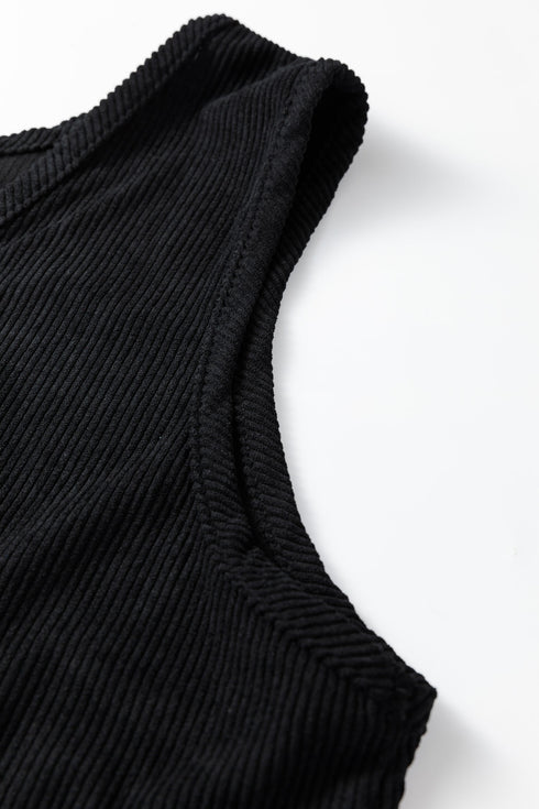 Solid Corduroy Patch Pocket Sleeveless Plus Size Mini Dress