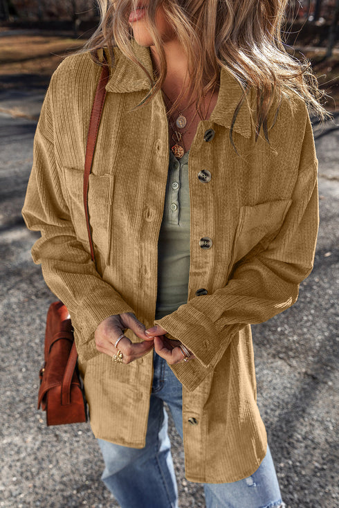 Solid Corduroy Patched Pocket Button Up Casual Jacket