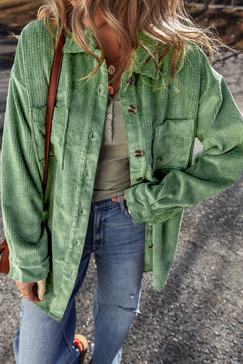 Solid Corduroy Patched Pocket Button Up Casual Jacket