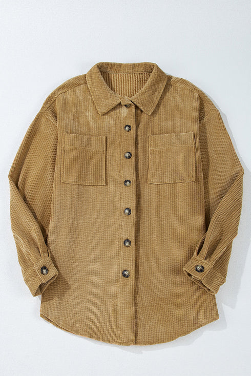 Solid Corduroy Patched Pocket Button Up Casual Jacket