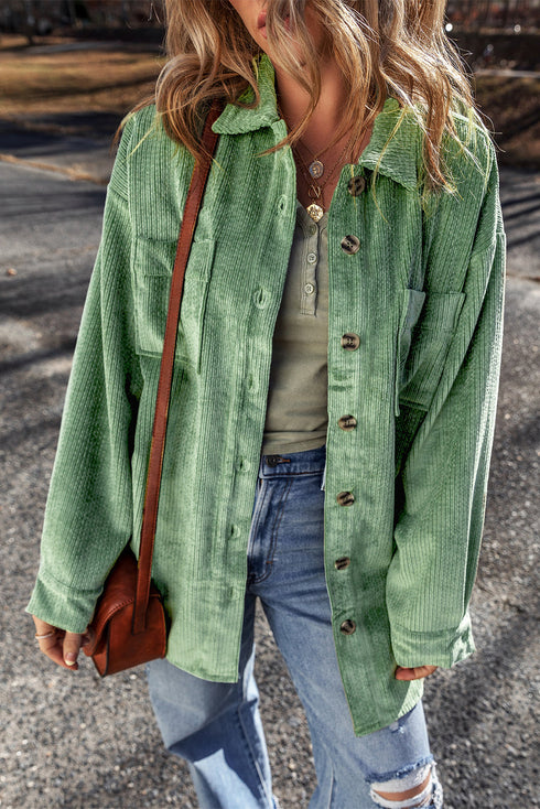 Solid Corduroy Patched Pocket Button Up Casual Jacket