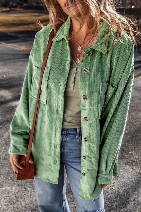 Solid Corduroy Patched Pocket Button Up Casual Jacket