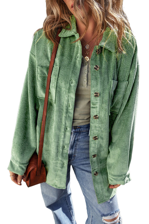 Solid Corduroy Patched Pocket Button Up Casual Jacket