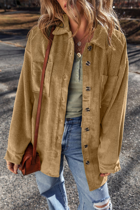 Solid Corduroy Patched Pocket Button Up Casual Jacket