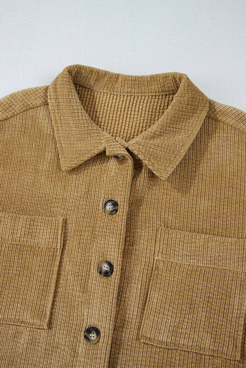 Solid Corduroy Patched Pocket Button Up Casual Jacket