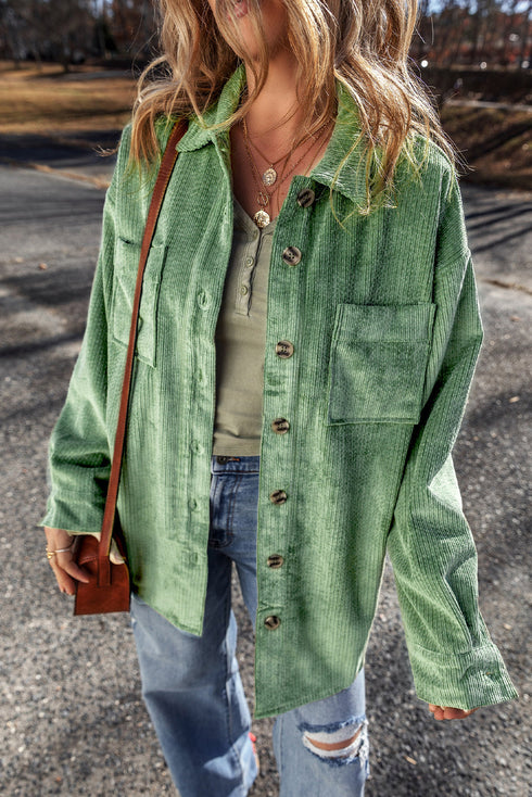 Solid Corduroy Patched Pocket Button Up Casual Jacket