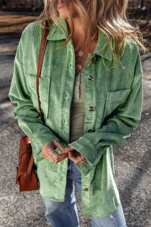 Solid Corduroy Patched Pocket Button Up Casual Jacket