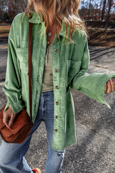 Solid Corduroy Patched Pocket Button Up Casual Jacket