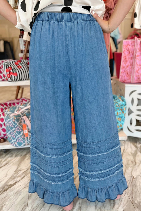 Solid Cotton Chambray Ruffled Hem Wide Leg Pants