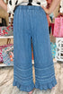 Solid Cotton Chambray Ruffled Hem Wide Leg Pants