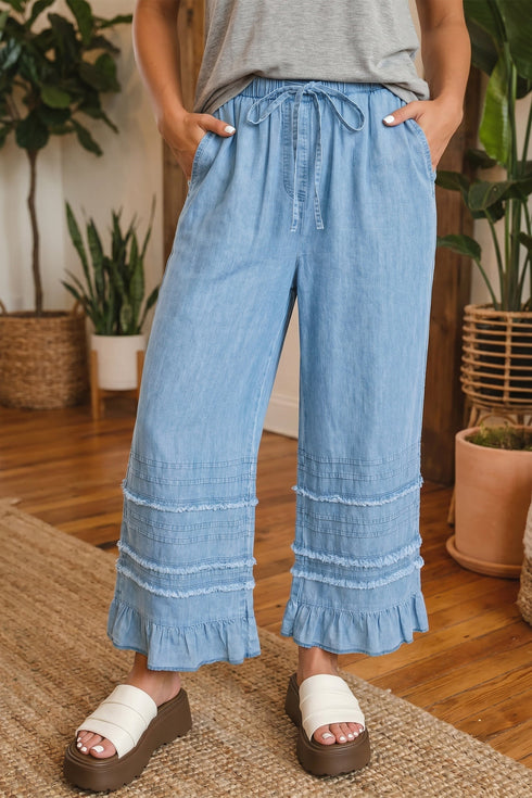 Solid Cotton Chambray Ruffled Hem Wide Leg Pants