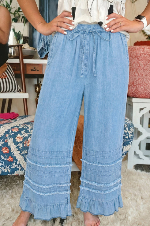 Solid Cotton Chambray Ruffled Hem Wide Leg Pants