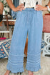 Solid Cotton Chambray Ruffled Hem Wide Leg Pants