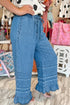 Solid Cotton Chambray Ruffled Hem Wide Leg Pants