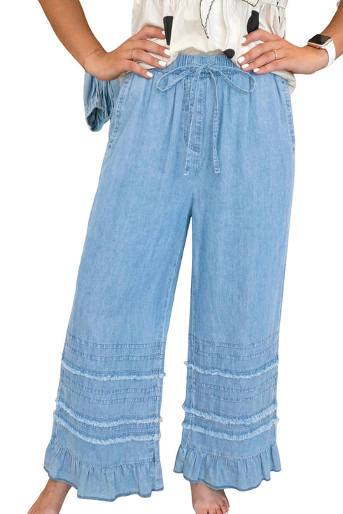 Solid Cotton Chambray Ruffled Hem Wide Leg Pants