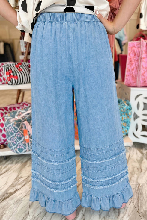 Solid Cotton Chambray Ruffled Hem Wide Leg Pants