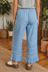 Solid Cotton Chambray Ruffled Hem Wide Leg Pants