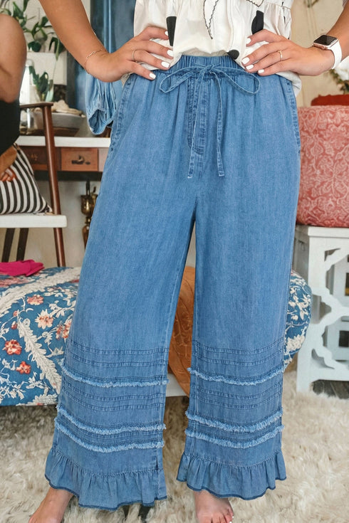 Solid Cotton Chambray Ruffled Hem Wide Leg Pants