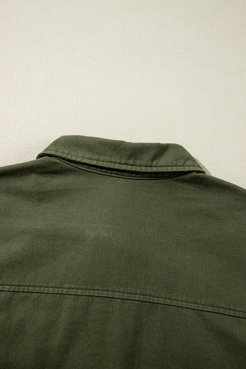 Solid Cotton Snap Button Zipper Fitted Waist Collared Jacket