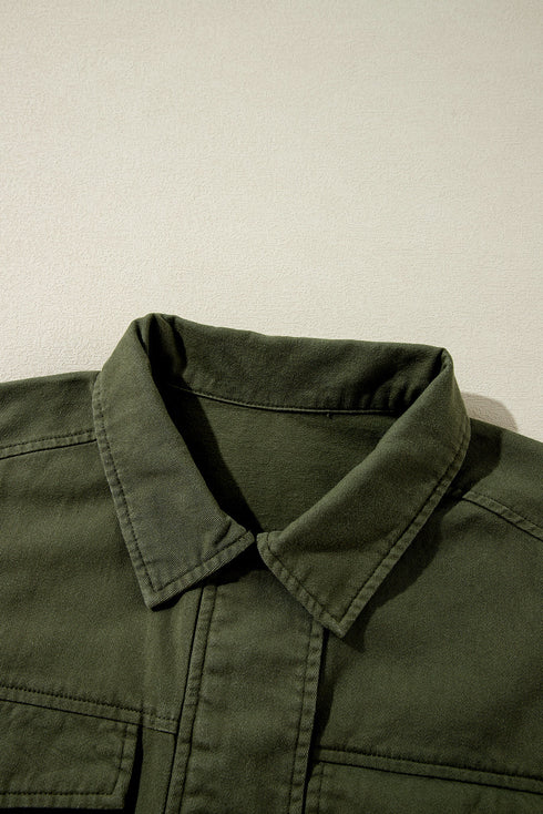 Solid Cotton Snap Button Zipper Fitted Waist Collared Jacket