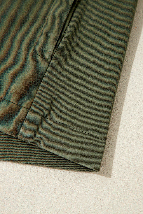 Solid Cotton Snap Button Zipper Fitted Waist Collared Jacket